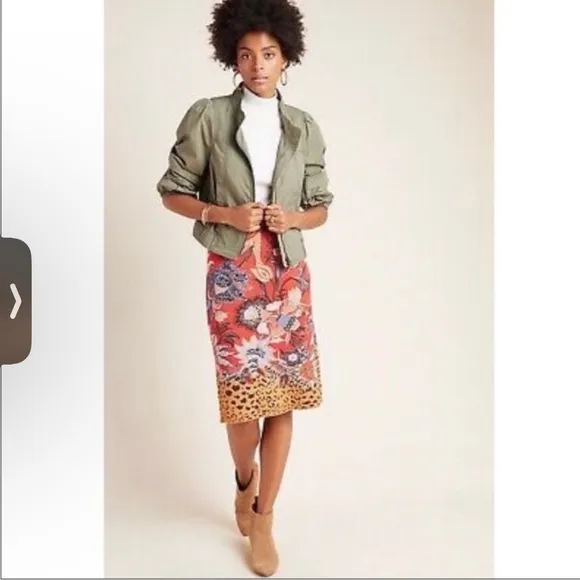 Anthropologie Maeve Delphinia Floral KnitPencil Skirt Red Floral Leopard Small