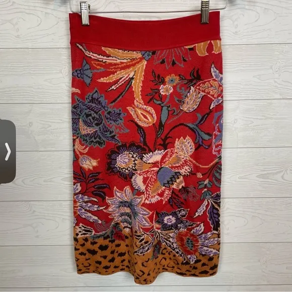 Anthropologie Maeve Delphinia Floral KnitPencil Skirt Red Floral Leopard Small