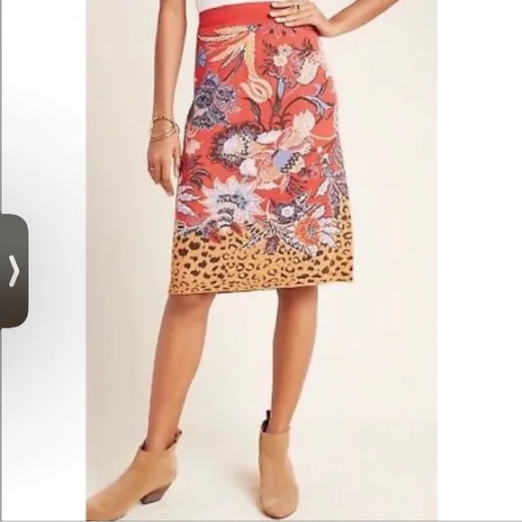 Anthropologie Maeve Delphinia Floral KnitPencil Skirt Red Floral Leopard Small