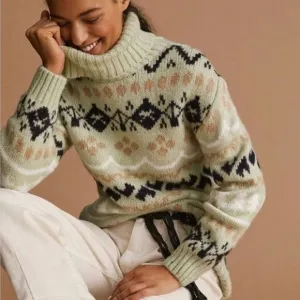 Anthropologie Mint Green Fair Isle Heavy Knit Turtleneck Tunic Sweater Small