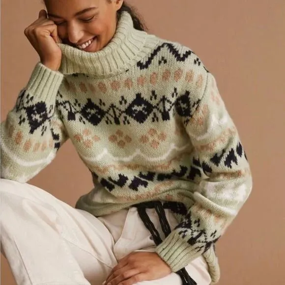 Anthropologie Mint Green Fair Isle Heavy Knit Turtleneck Tunic Sweater Small