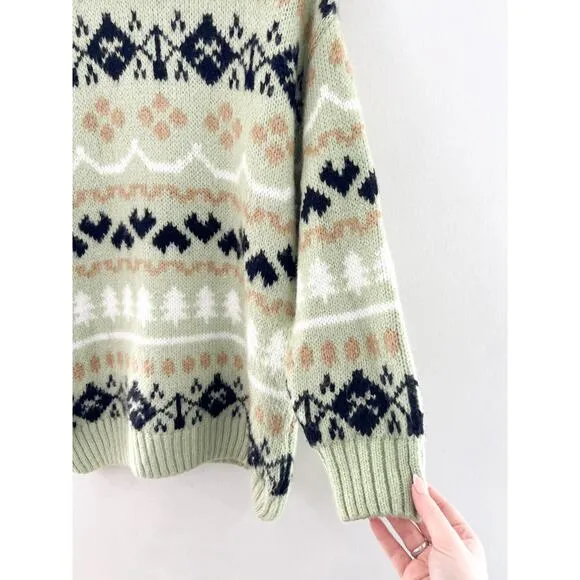 Anthropologie Mint Green Fair Isle Heavy Knit Turtleneck Tunic Sweater Small