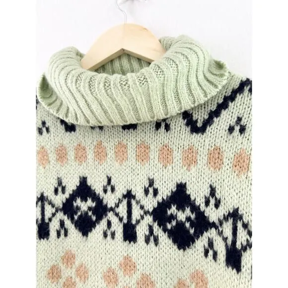 Anthropologie Mint Green Fair Isle Heavy Knit Turtleneck Tunic Sweater Small