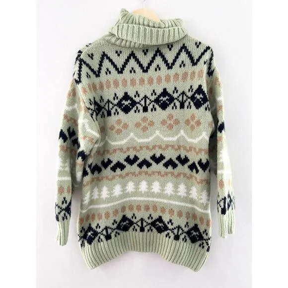 Anthropologie Mint Green Fair Isle Heavy Knit Turtleneck Tunic Sweater Small