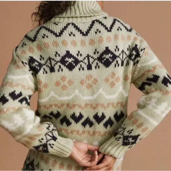 Anthropologie Mint Green Fair Isle Heavy Knit Turtleneck Tunic Sweater Small