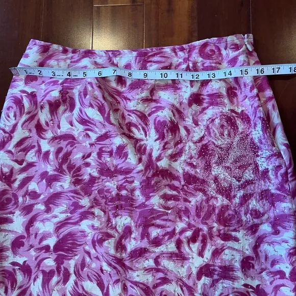 Anthropologie Vintage Silk Skirt Floral Pink White Beaded Knee-Length Pencil 6