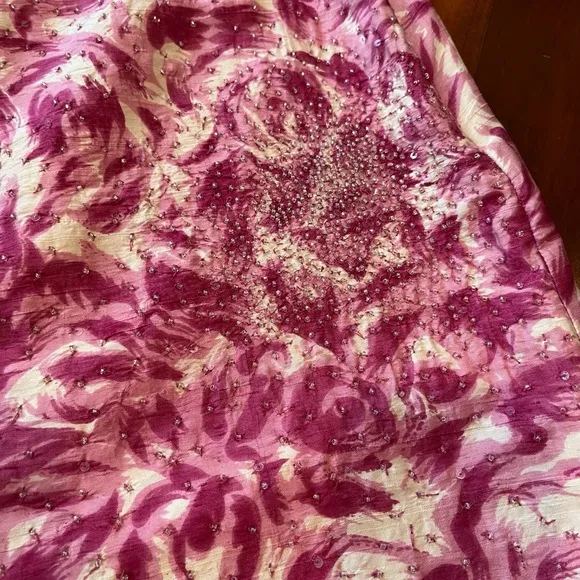 Anthropologie Vintage Silk Skirt Floral Pink White Beaded Knee-Length Pencil 6