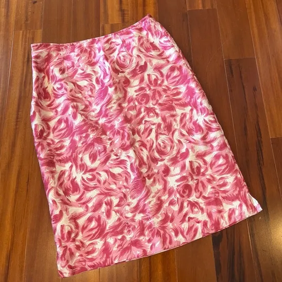 Anthropologie Vintage Silk Skirt Floral Pink White Beaded Knee-Length Pencil 6