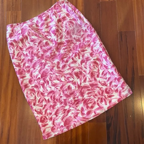 Anthropologie Vintage Silk Skirt Floral Pink White Beaded Knee-Length Pencil 6