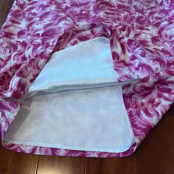 Anthropologie Vintage Silk Skirt Floral Pink White Beaded Knee-Length Pencil 6