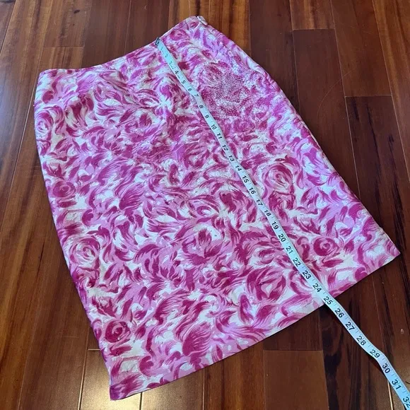 Anthropologie Vintage Silk Skirt Floral Pink White Beaded Knee-Length Pencil 6