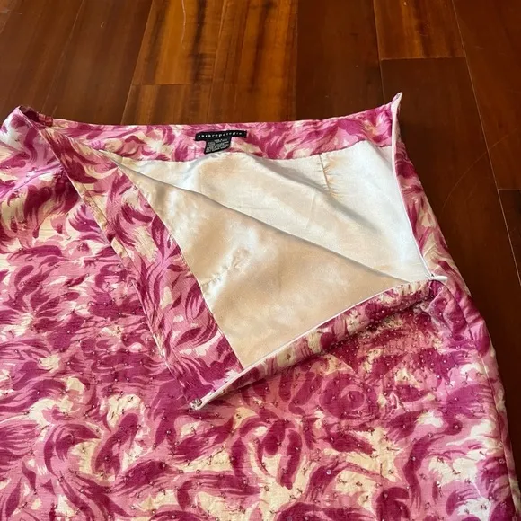 Anthropologie Vintage Silk Skirt Floral Pink White Beaded Knee-Length Pencil 6