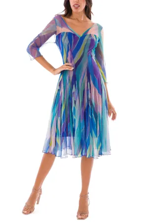 AQUARELLE Fit and Flare 3/4 Sleeves Paneled Print Dress .