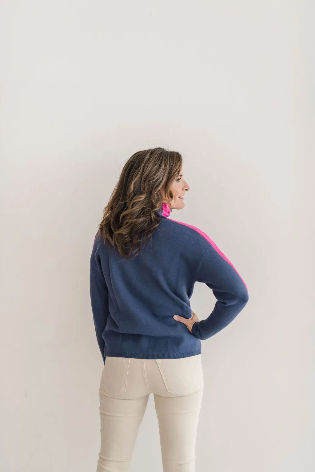 Aspen Turtleneck Sweater Navy with Pink