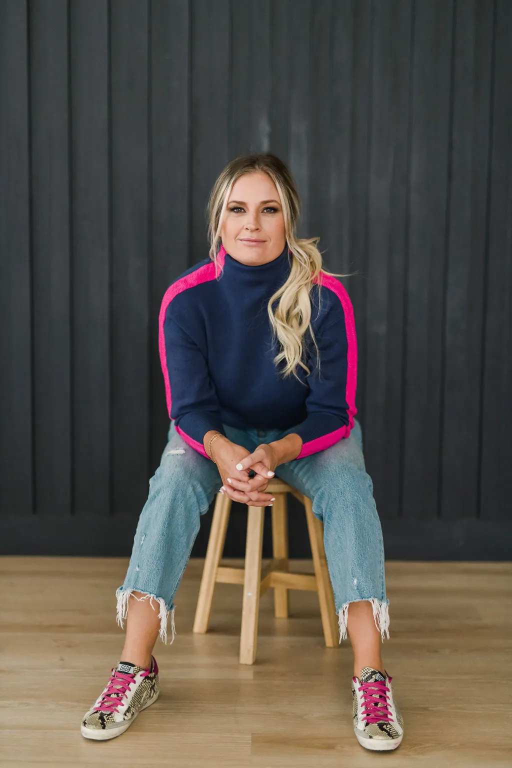 Aspen Turtleneck Sweater Navy with Pink