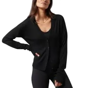 Athleta Light Weight Cardigan Sweater Black V Neck Wool Blend Size S