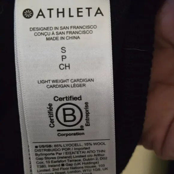 Athleta Light Weight Cardigan Sweater Black V Neck Wool Blend Size S
