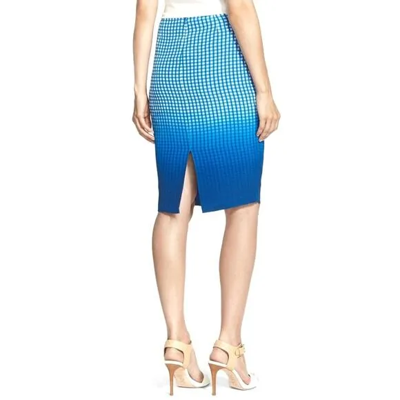 BAILEY 44 Astley dip dye ombre silk check career pencil skirt cobalt blue 4 NEW