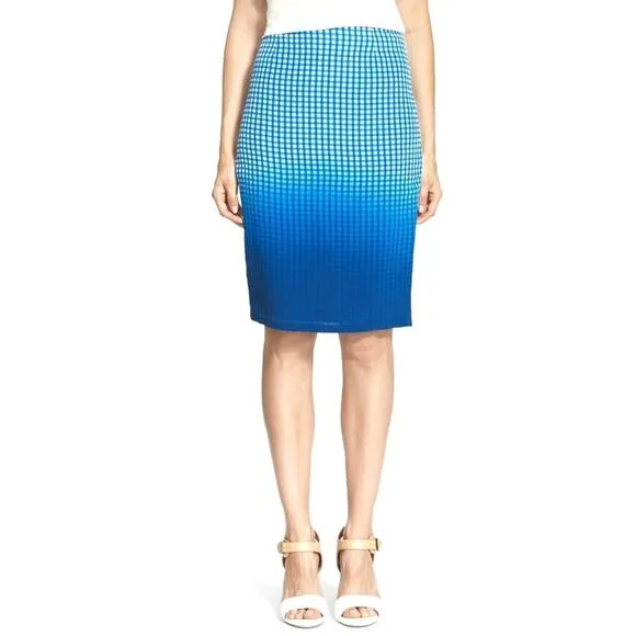 BAILEY 44 Astley dip dye ombre silk check career pencil skirt cobalt blue 4 NEW