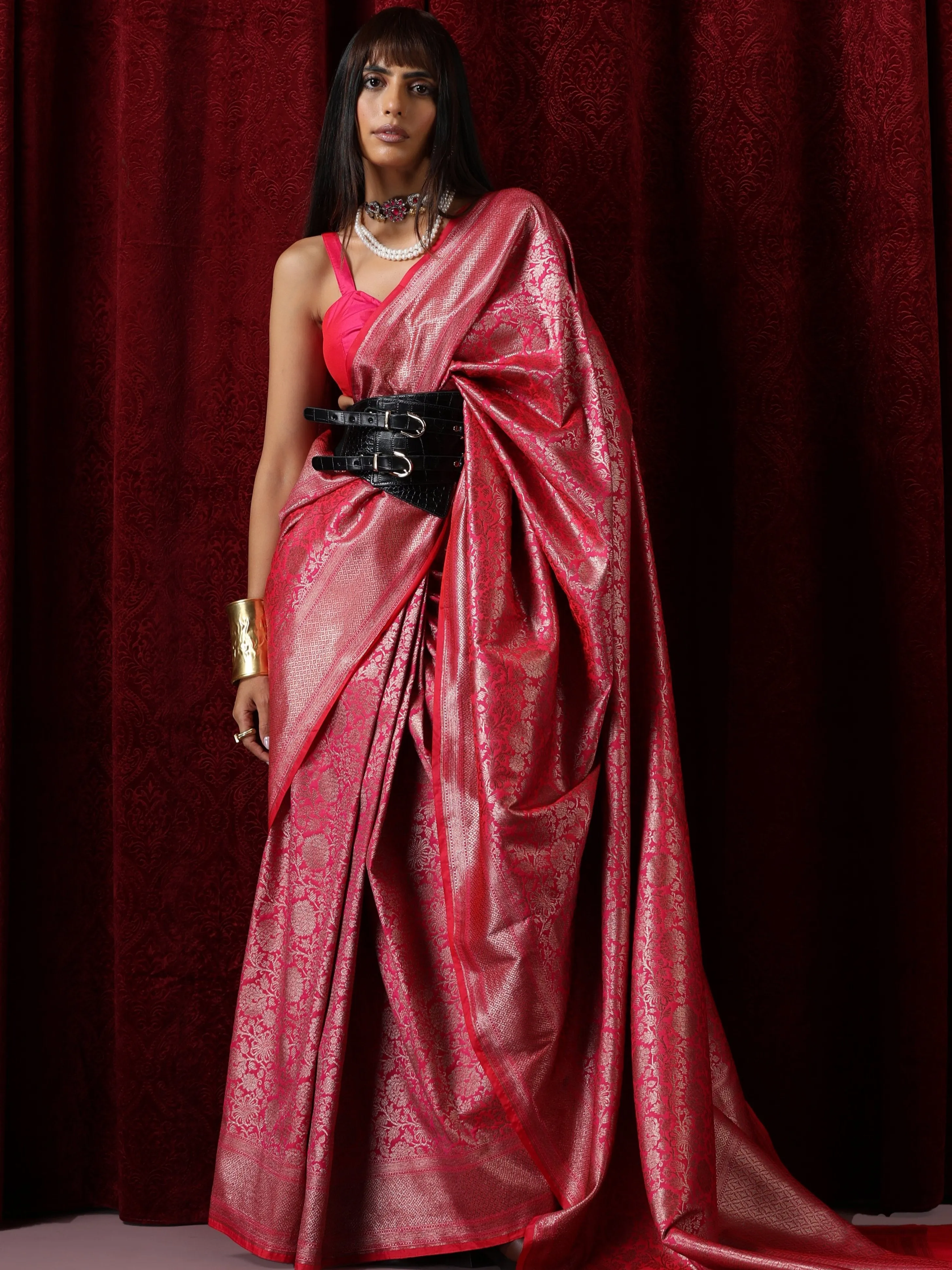 Banarasi Fuchsia Red Jaal Silk Saree with Blouse Fabric