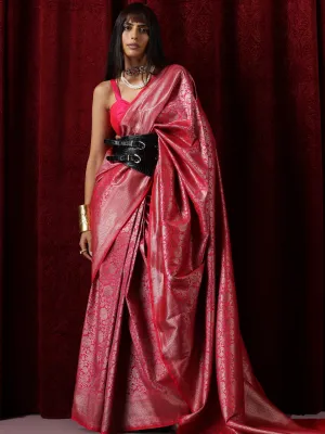 Banarasi Fuchsia Red Jaal Silk Saree with Blouse Fabric