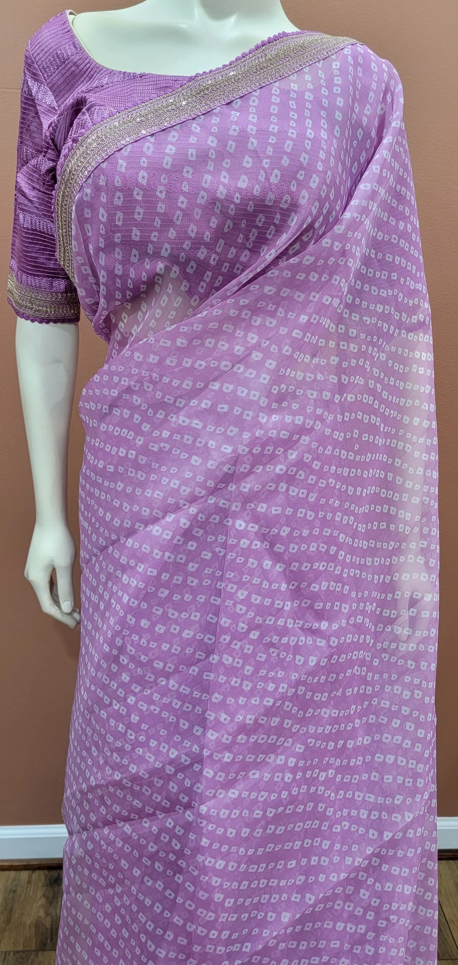 Bandhini Organza Saree w/ Sequence border and Blouse, in Purplish Pink