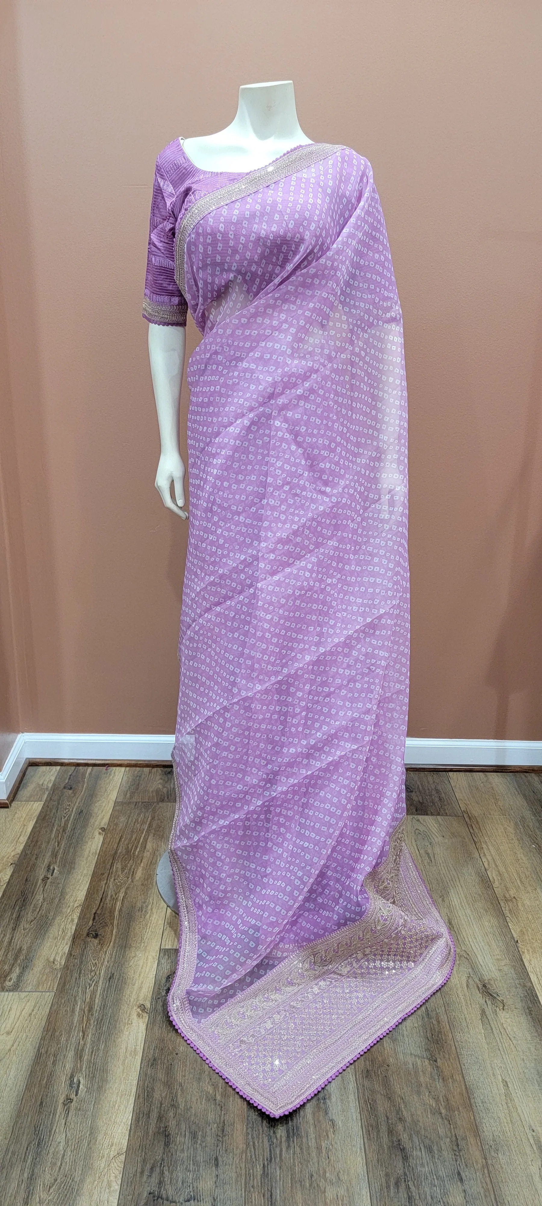 Bandhini Organza Saree w/ Sequence border and Blouse, in Purplish Pink