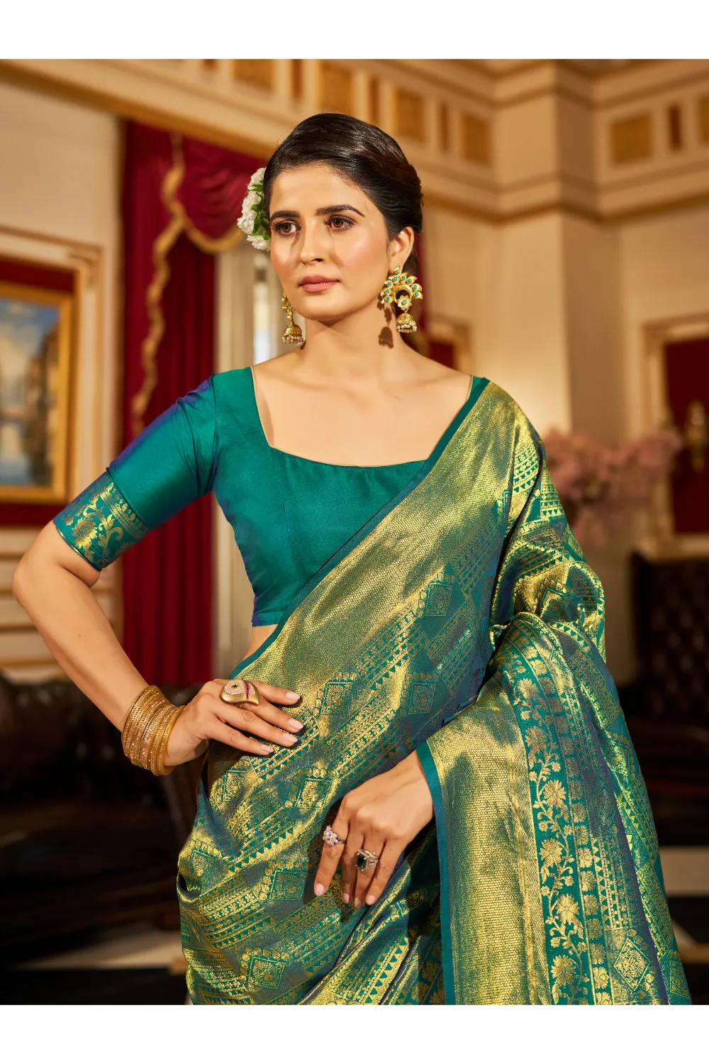 Basil Green & Golden Zari Woven Kanjivaram Saree With Blouse