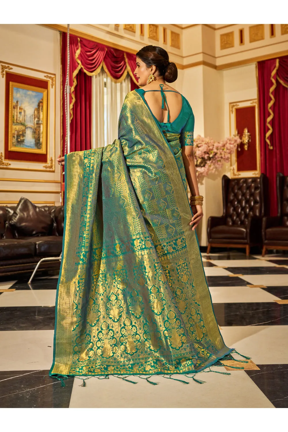 Basil Green & Golden Zari Woven Kanjivaram Saree With Blouse