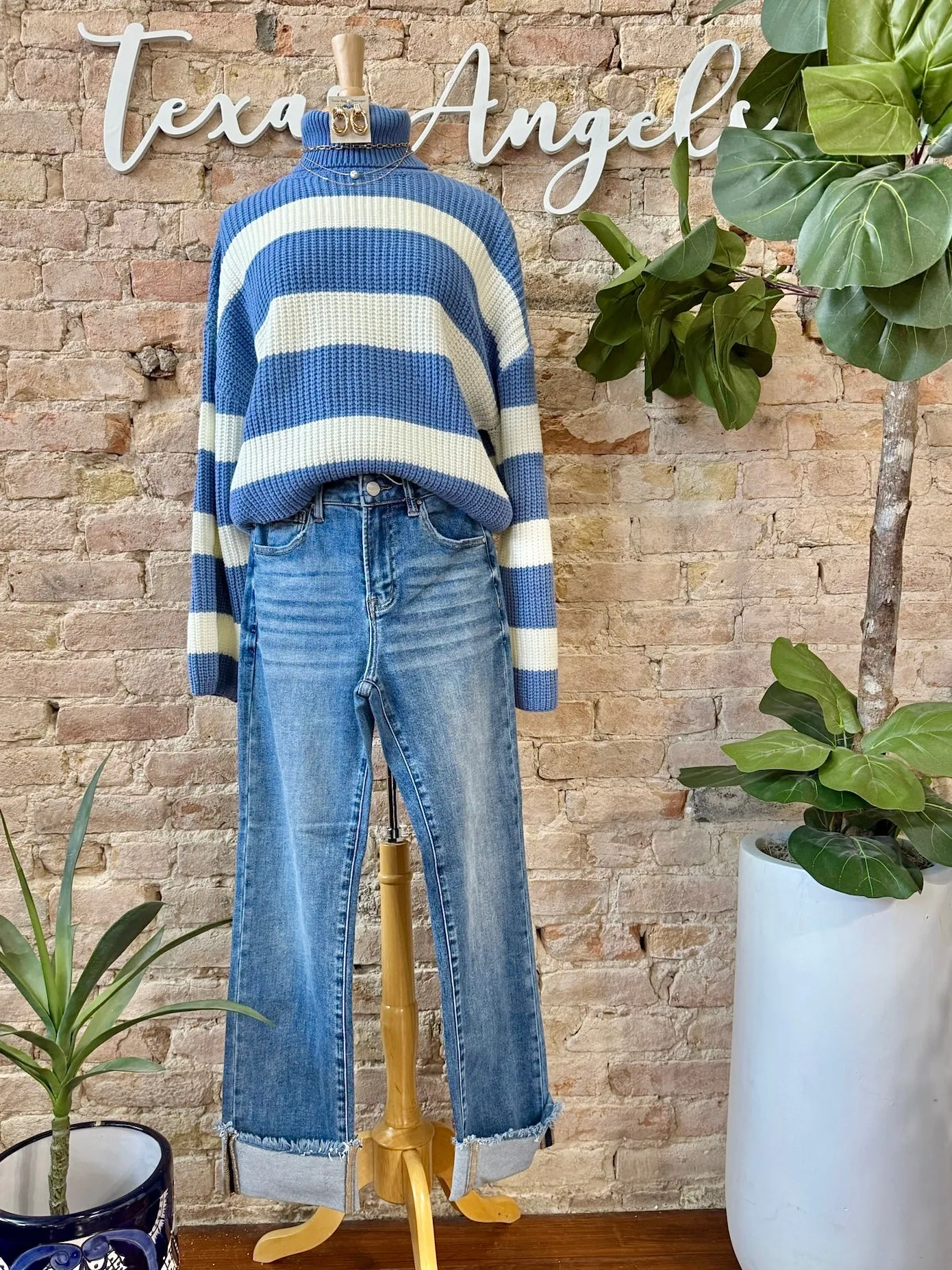 Be Kinda Blue Striped Turtleneck Sweater