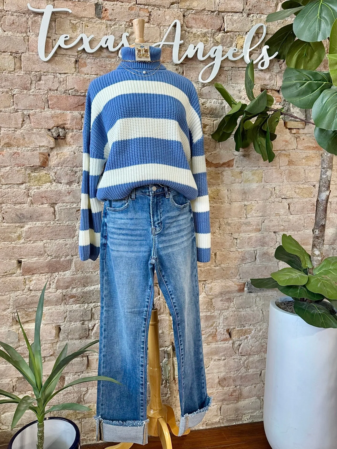 Be Kinda Blue Striped Turtleneck Sweater