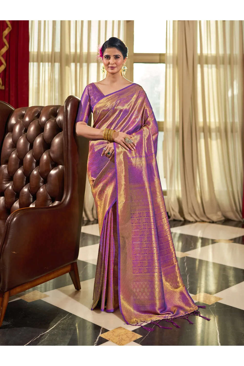 Beautiful Hot Purple Shine Kanjivaram Wedding Saree With Blouse