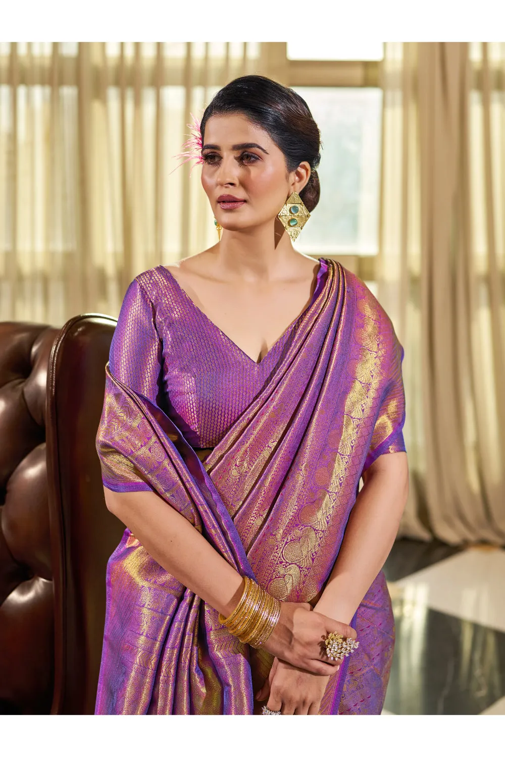 Beautiful Hot Purple Shine Kanjivaram Wedding Saree With Blouse