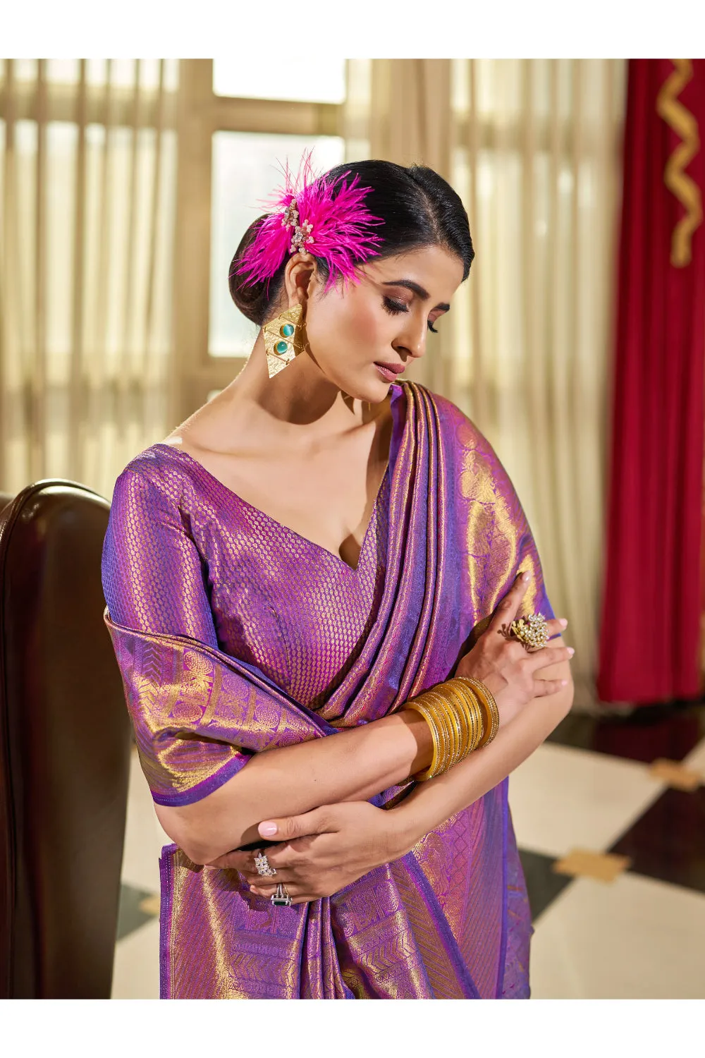 Beautiful Hot Purple Shine Kanjivaram Wedding Saree With Blouse