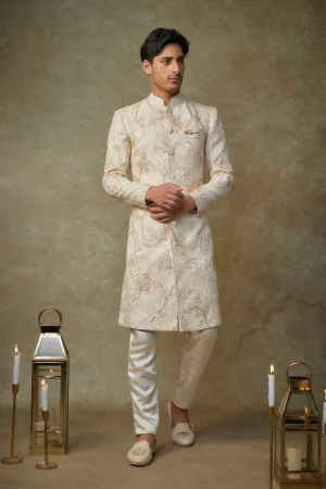 Beige Embroiderd Sherwani With Pant