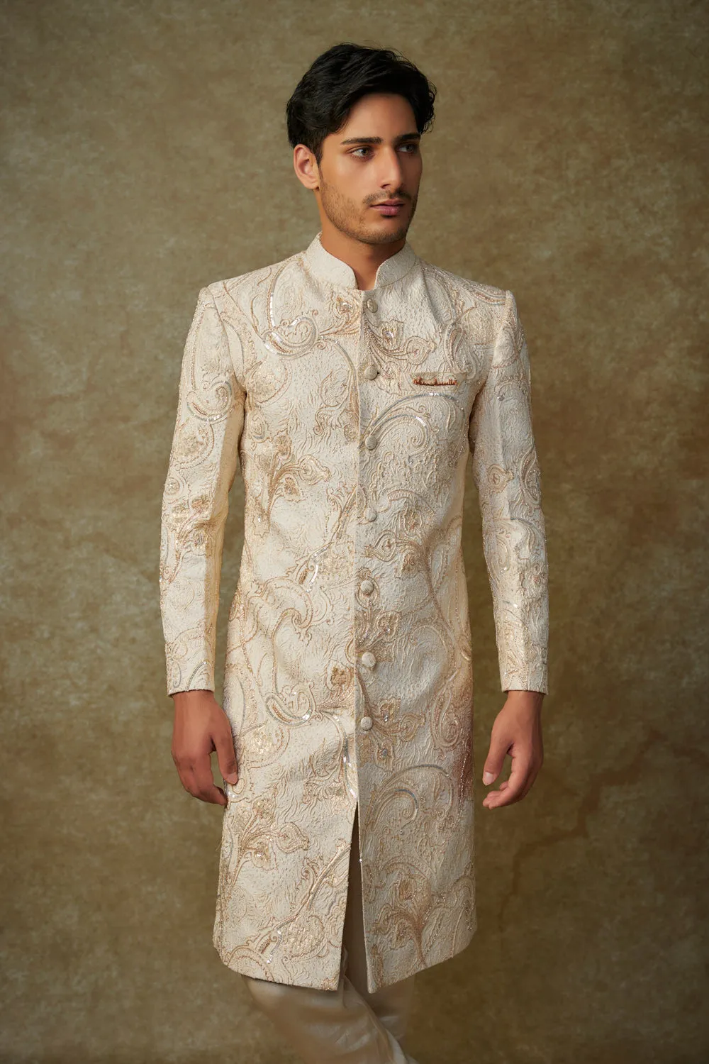 Beige Embroiderd Sherwani With Pant