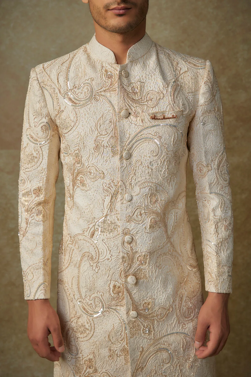 Beige Embroiderd Sherwani With Pant