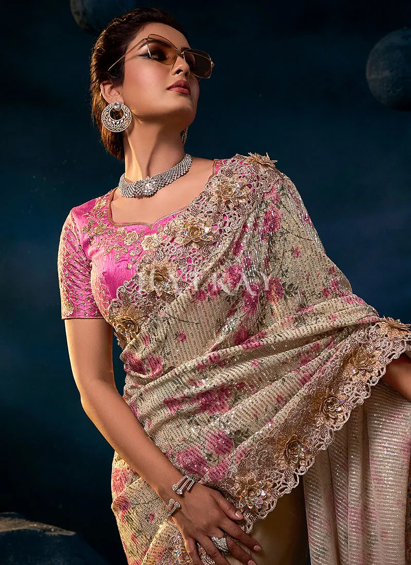 Beige Pink Sequence Embroidered Festive Saree