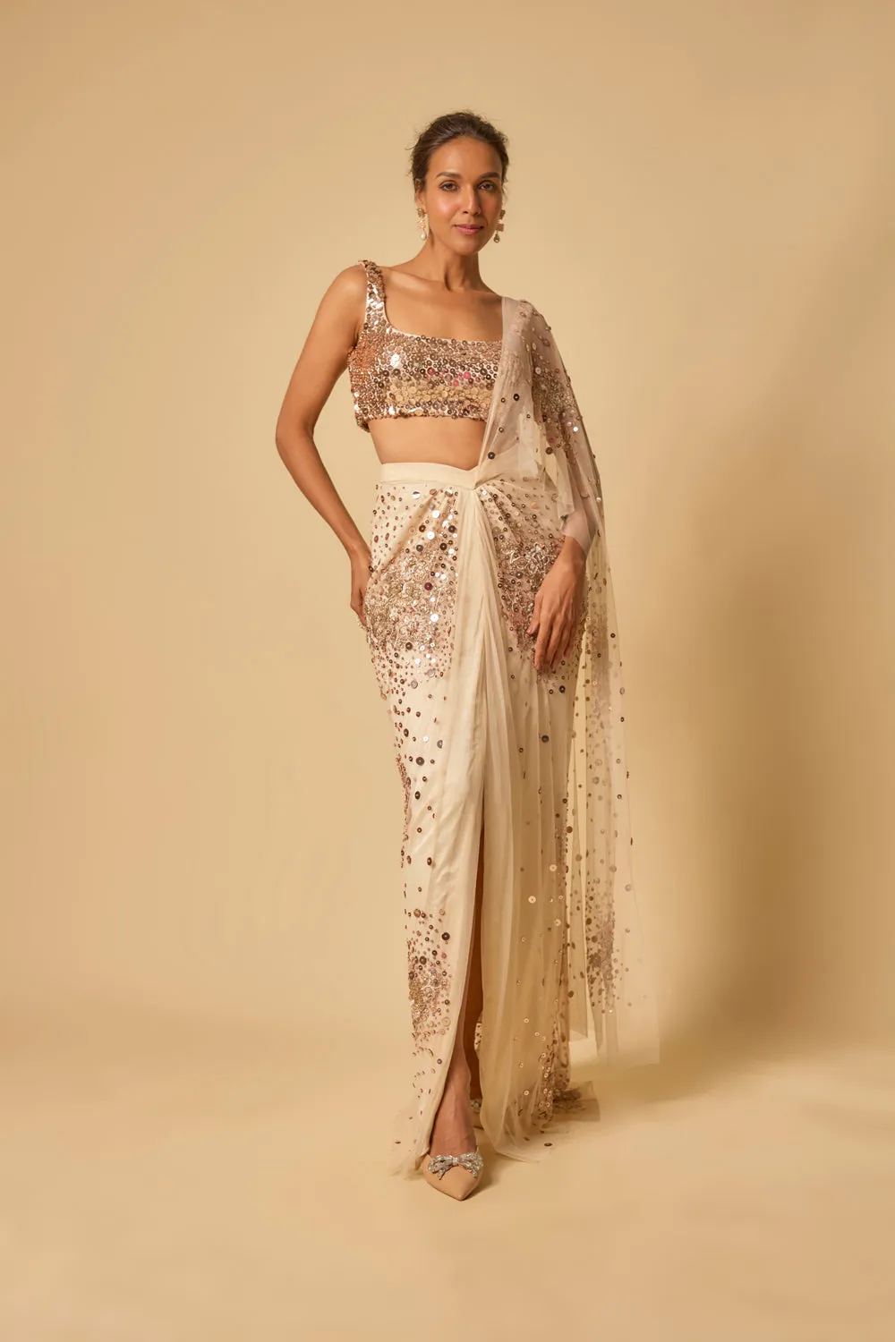 Beige Sequin Embroidered Pre-Stitched Drape Saree