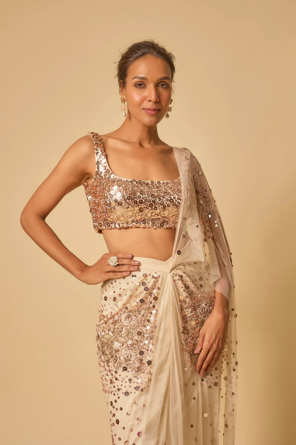Beige Sequin Embroidered Pre-Stitched Drape Saree