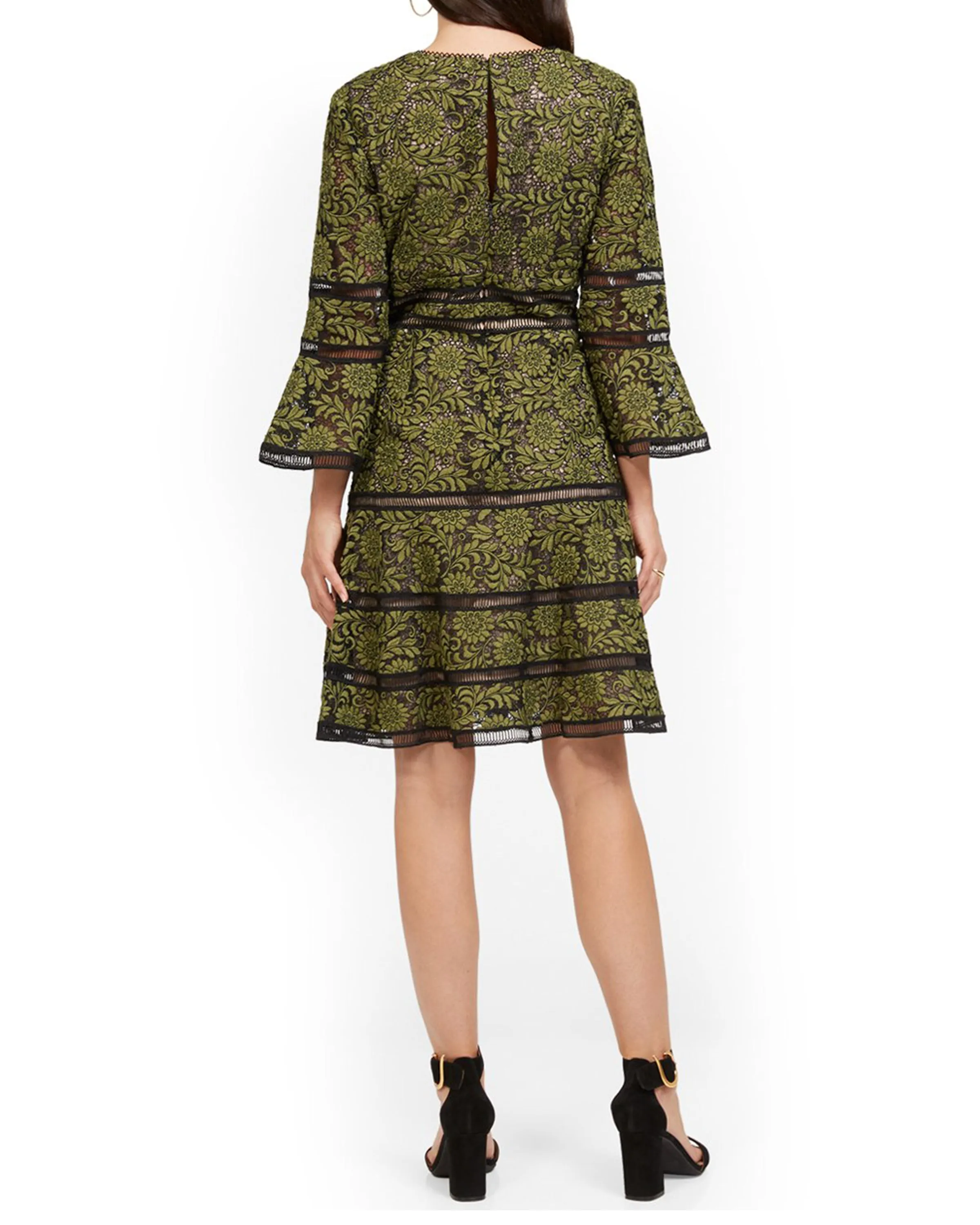 Bell-Sleeve Surplice Lace Dress in Green