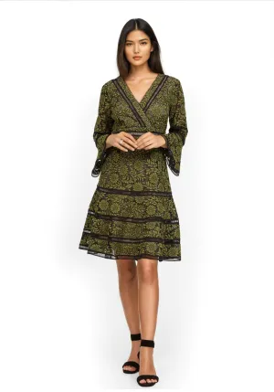Bell-Sleeve Surplice Lace Dress in Green