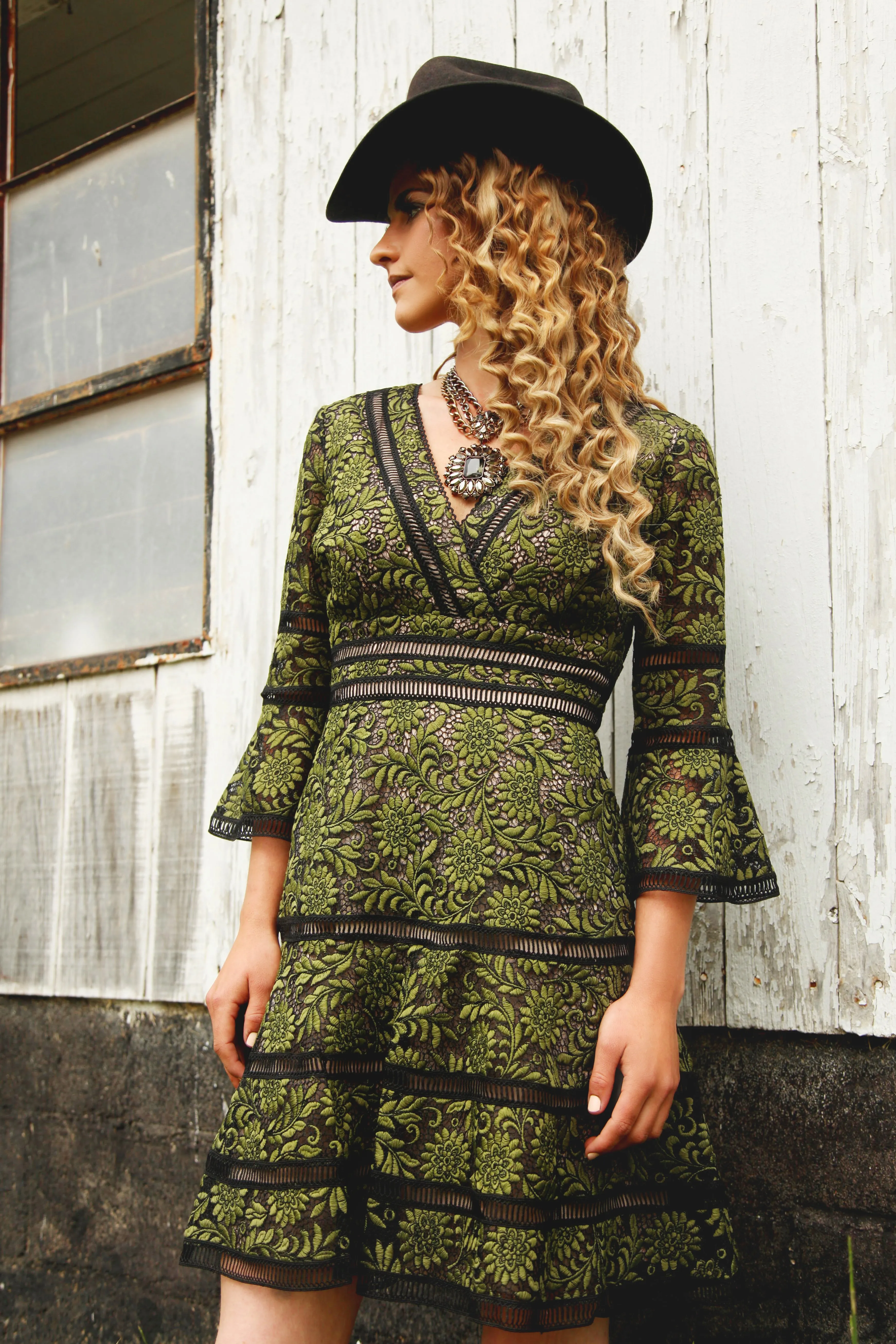 Bell-Sleeve Surplice Lace Dress in Green