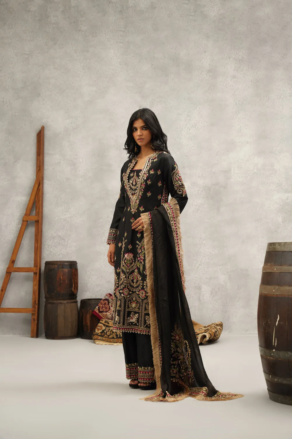 Black Embroidered Silk Bustier, Kurti, Pant And Dupatta Set