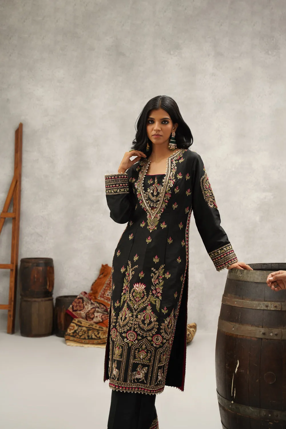 Black Embroidered Silk Bustier, Kurti, Pant And Dupatta Set