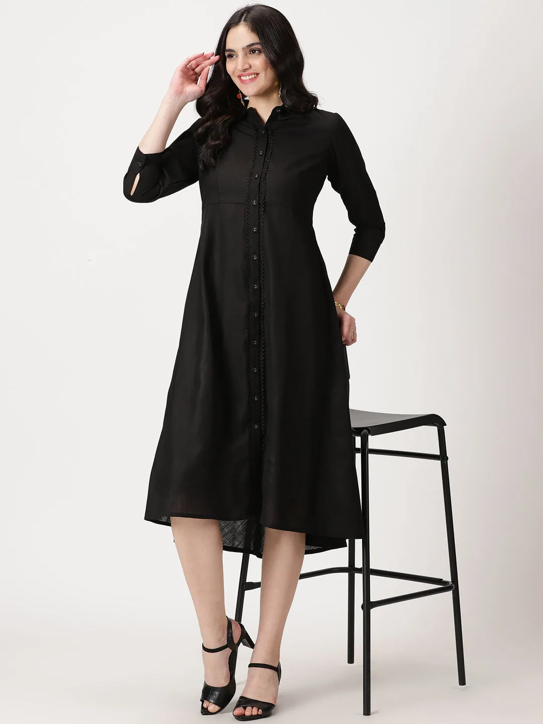 Black Lace Placket  Midi Shirt Dress