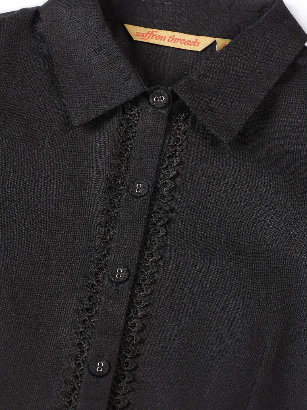 Black Lace Placket  Midi Shirt Dress