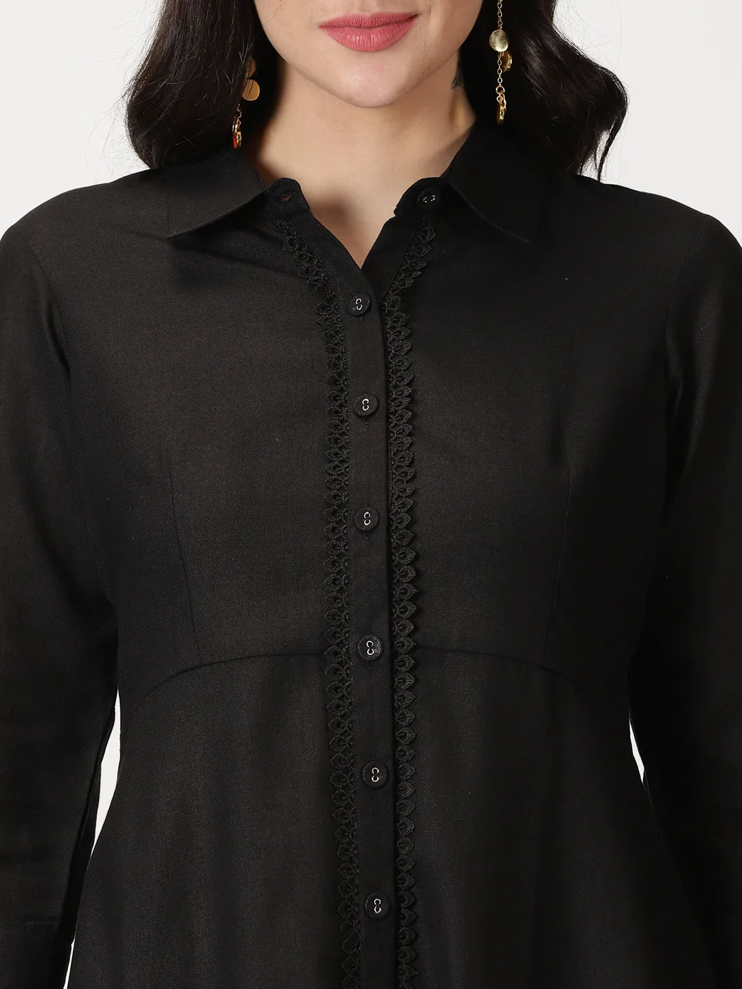 Black Lace Placket  Midi Shirt Dress