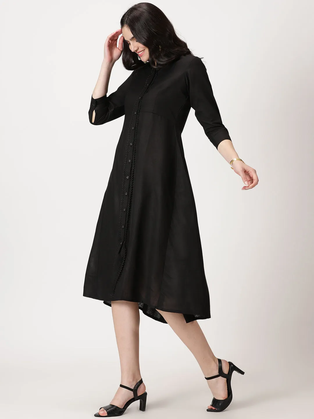 Black Lace Placket  Midi Shirt Dress