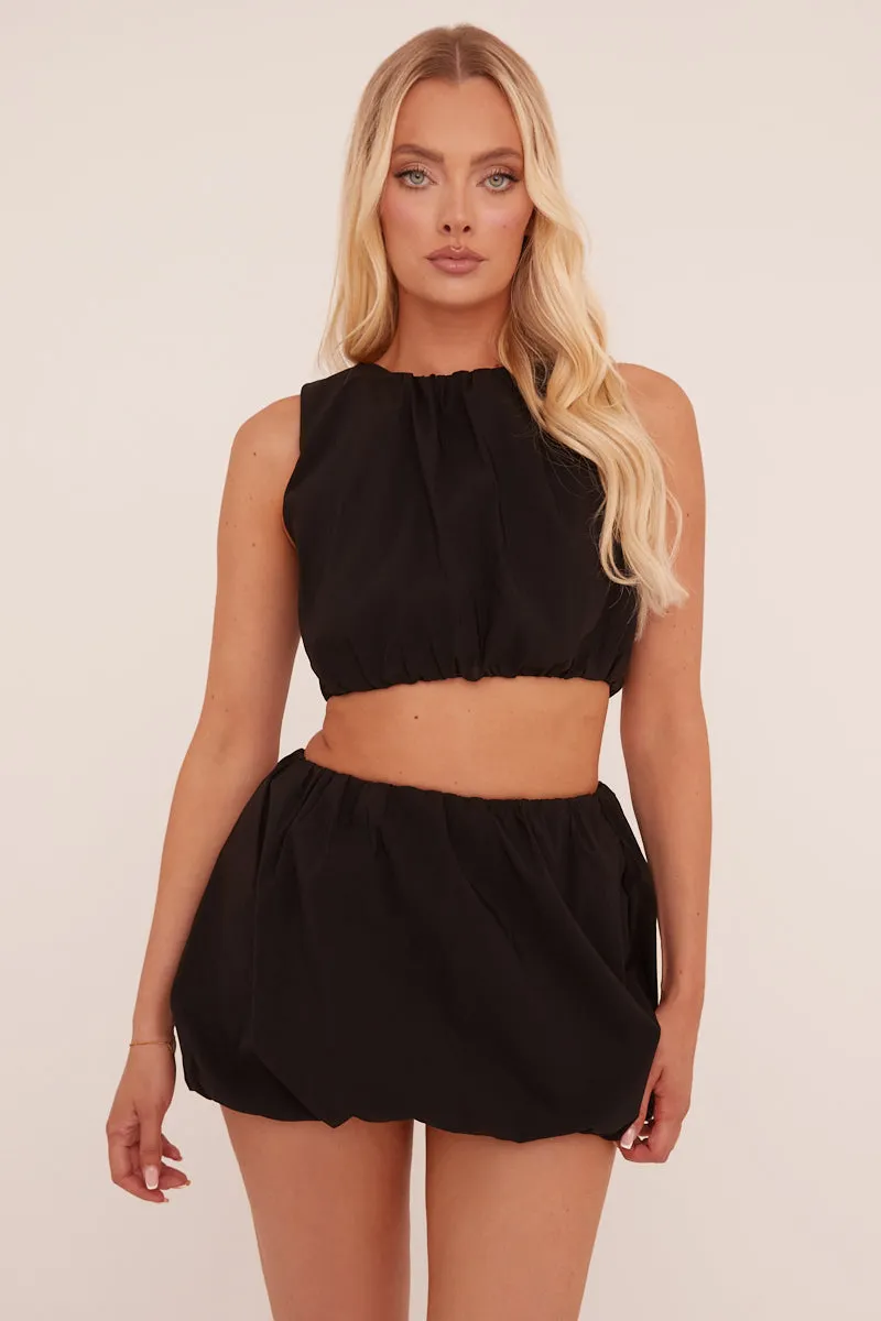 Black Round Neck Puffball Top & Mini Skirt Co-ord Set - Calbi